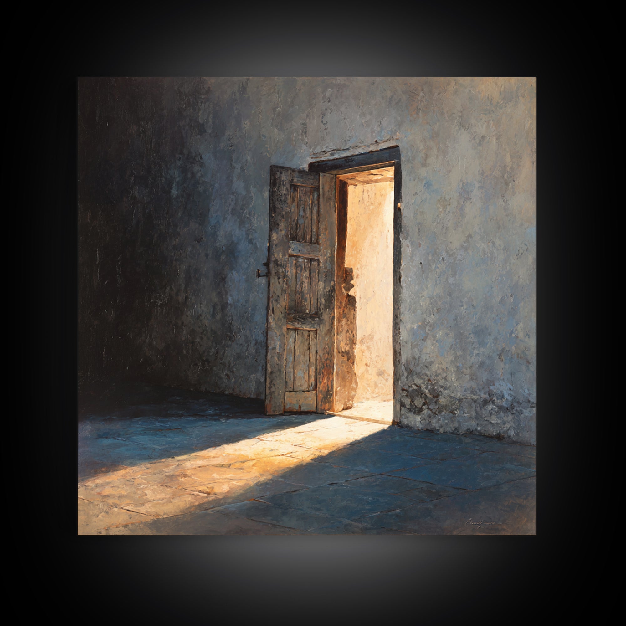 Sunlit Open Door Textured Wall Art Framed Canvas Print, Minimalist Rustic Decor, Moody Wall Art For Entryway Or Living Room