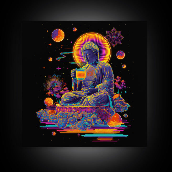 Colorful Neon Buddha With Celestial Elements Wall Art Canvas Print Spiritual Modern Home Decor Gift