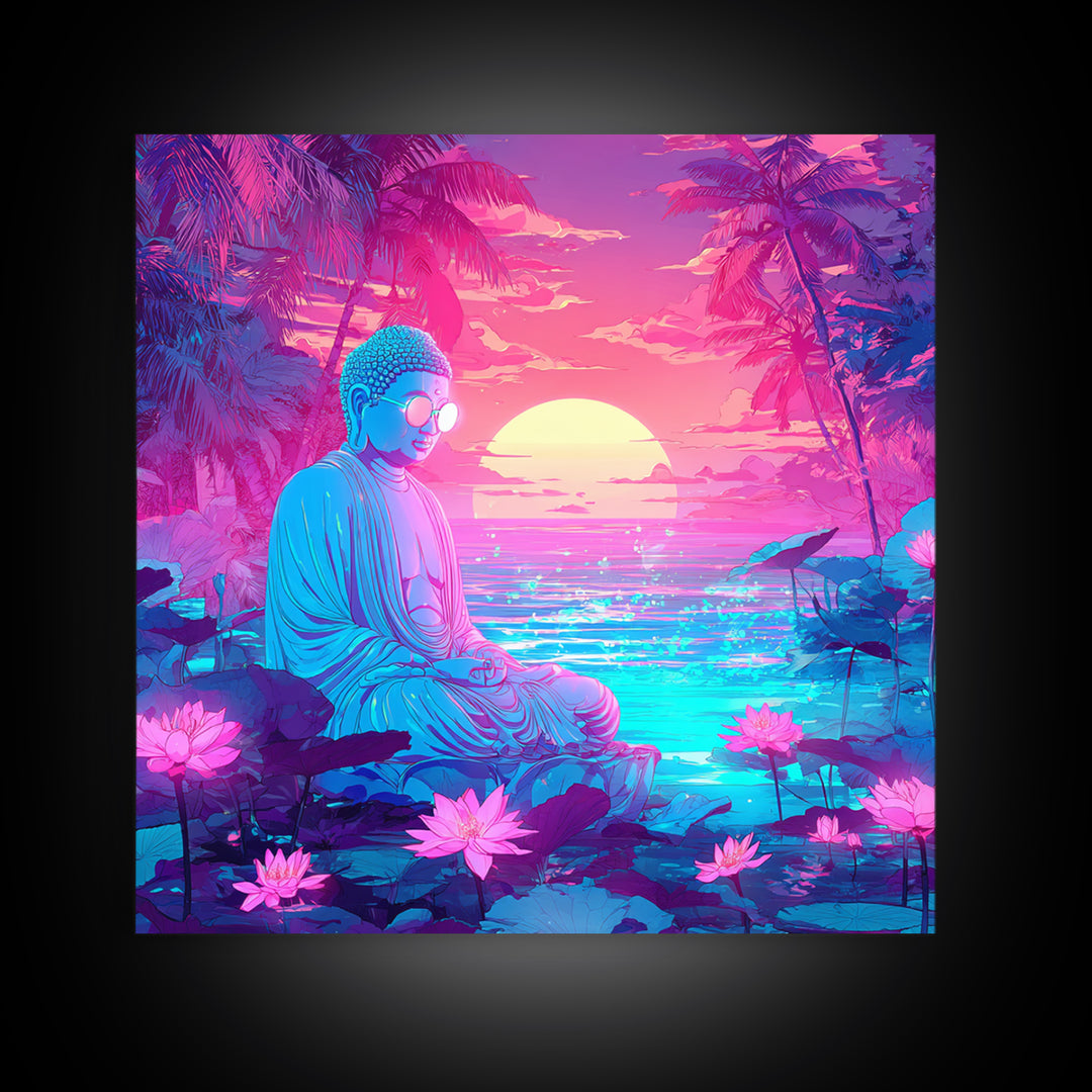 Neon Buddha Meditating By Futuristic Ocean Sunset Wall Art, Psychedelic Zen Lotus Canvas Print