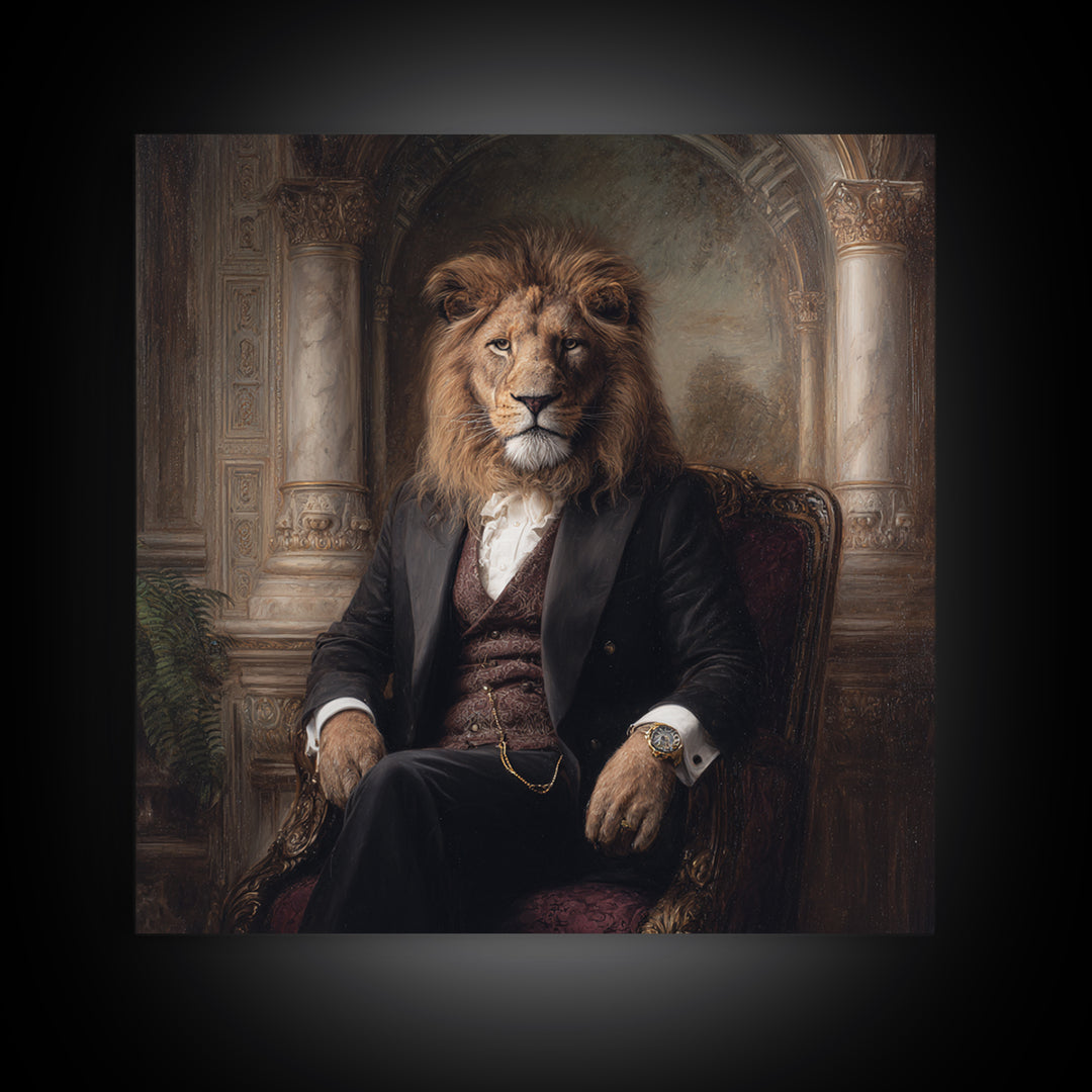 Regal Lion Gentleman Portrait Wall Art, Dark Academia Animal Painting, Victorian Library Decor, Luxury Masculine Office Decor
