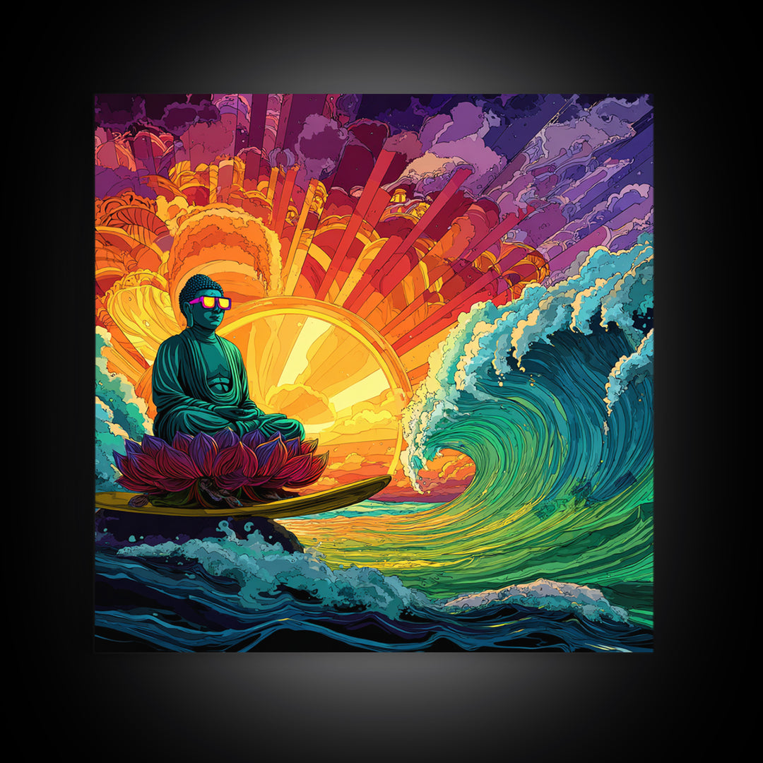 Psychedelic Surfing Buddha In Neon Sunset Waves Wall Art, Trippy Spiritual Canvas Print, Modern Boho Home Decor