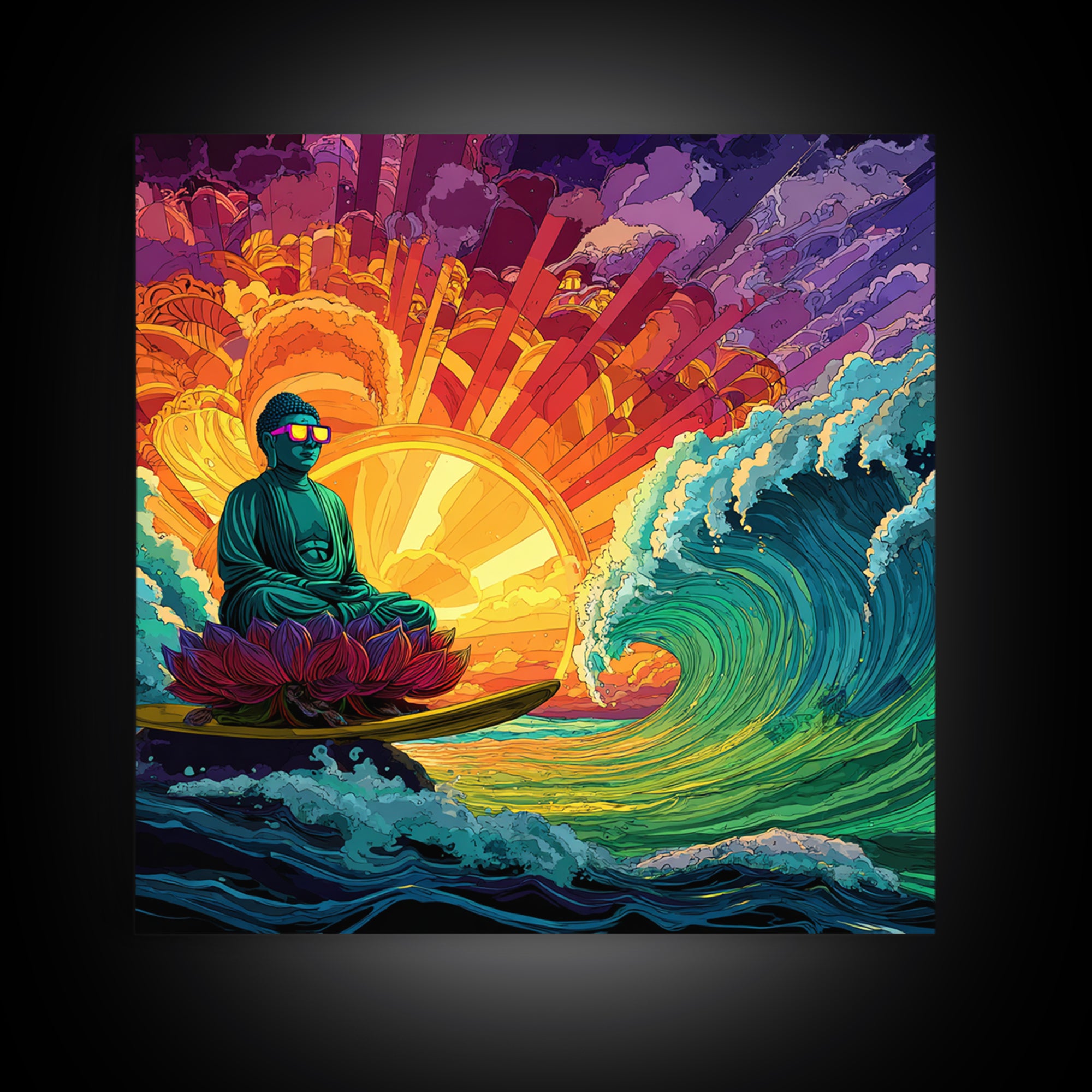 Psychedelic Surfing Buddha In Neon Sunset Waves Wall Art, Trippy Spiritual Canvas Print, Modern Boho Home Decor