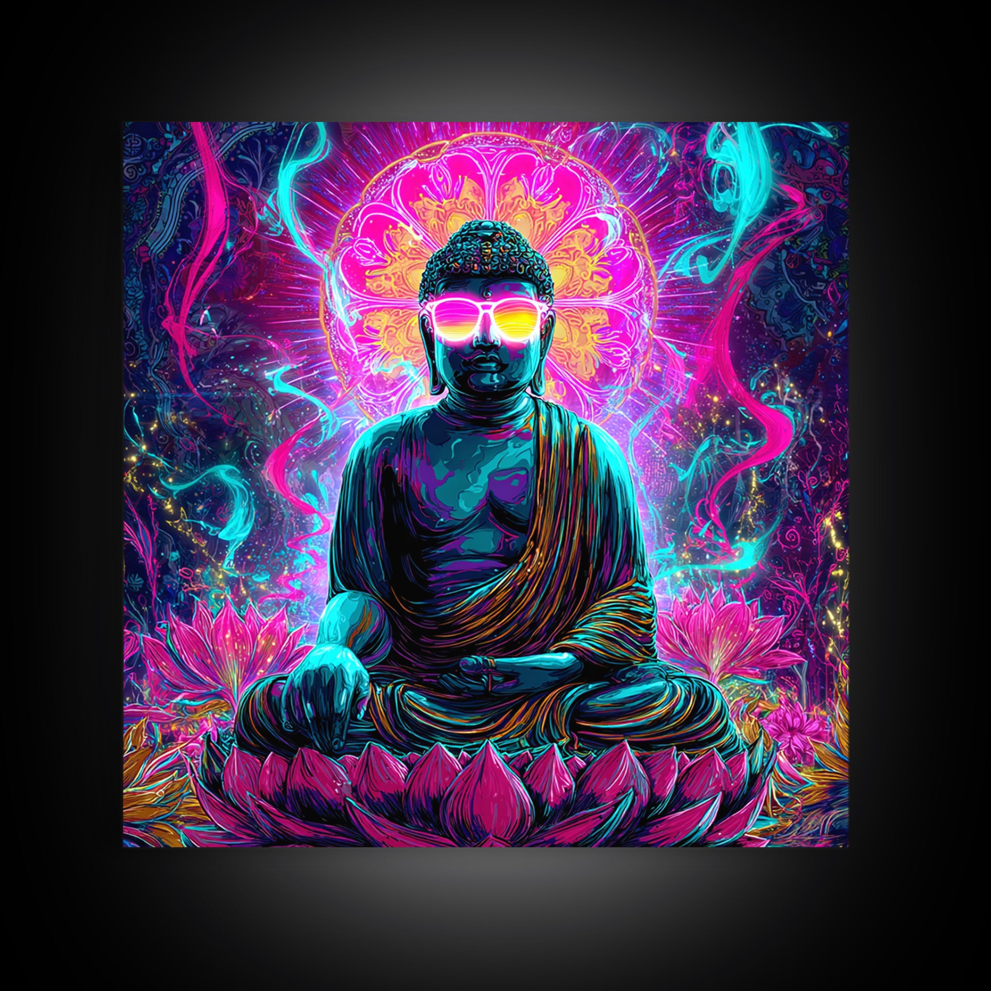 Neon Psychedelic Buddha Sitting On Lotus Flower Spiritual Wall Art Canvas Print Bright Vibrant Home Decor