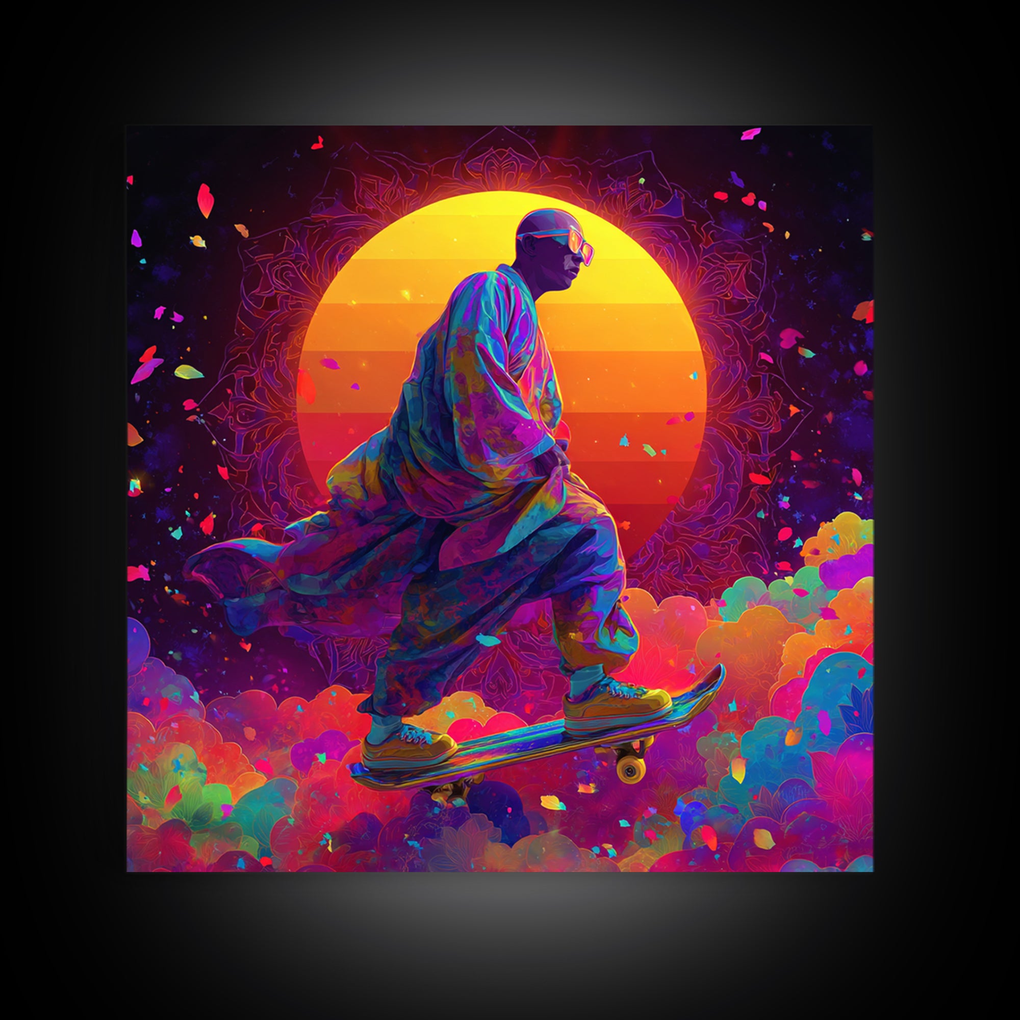 Psychedelic Skater Monk Wall Art Canvas Print, Colorful Abstract Art, Trippy Room Decor, Gaming Room Art, Trendy Wall Art