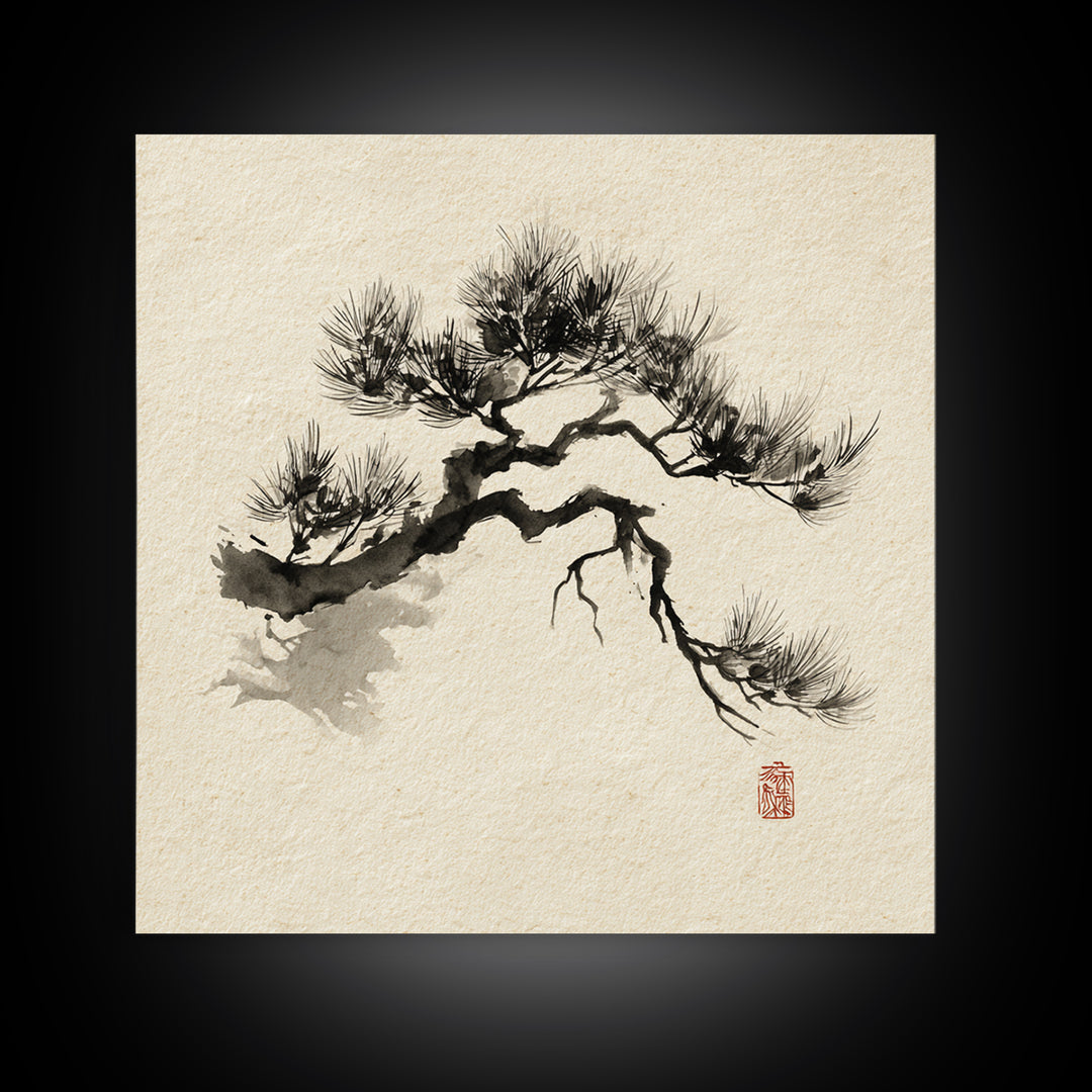 Japanese Ink Pine Tree Wall Art, Minimal Sumi E Landscape Framed Canvas Print, Wabi Sabi Zen Decor For Calm Modern Home Or Office