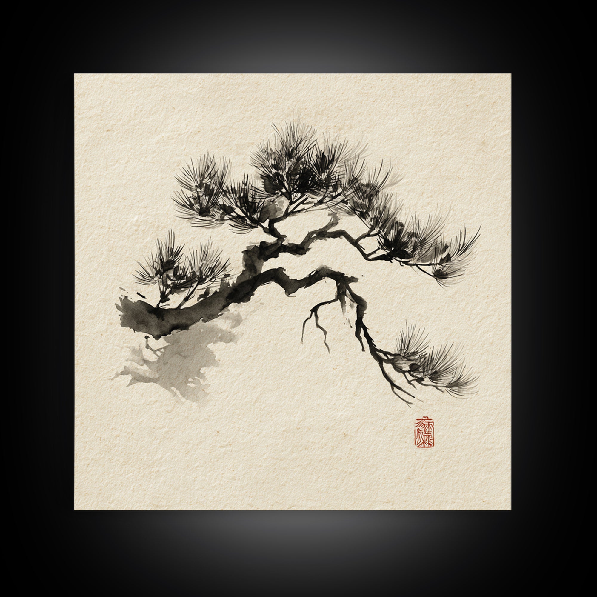 Japanese Ink Pine Tree Wall Art, Minimal Sumi E Landscape Framed Canvas Print, Wabi Sabi Zen Decor For Calm Modern Home Or Office
