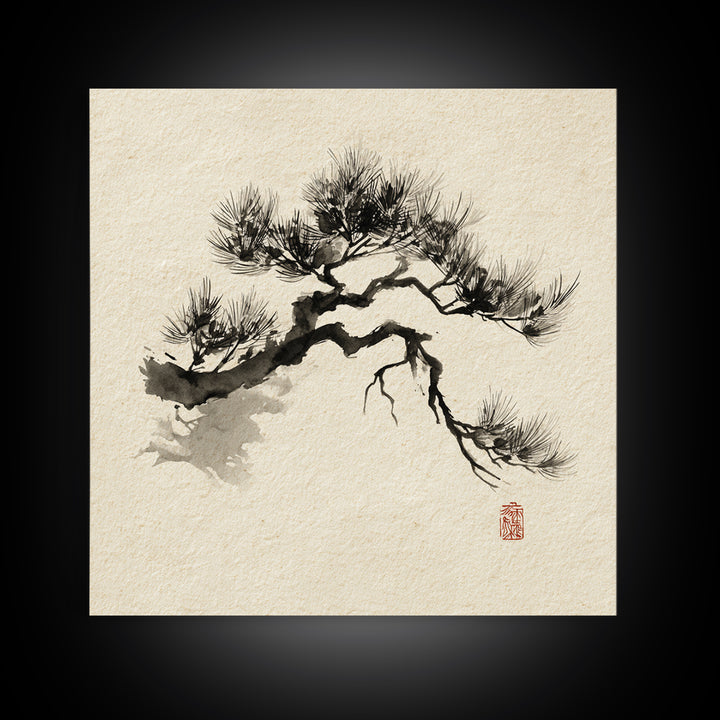 Japanese Ink Pine Tree Wall Art, Minimal Sumi E Landscape Framed Canvas Print, Wabi Sabi Zen Decor For Calm Modern Home Or Office