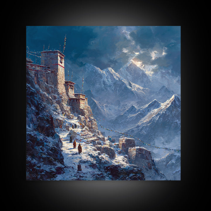 Himalayan Monastery Mountain Snow Wall Art, Dramatic Winter Landscape Canvas Print, Moody Travel Home Decor