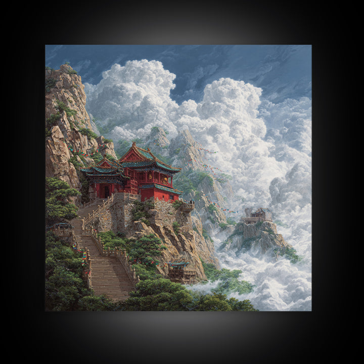 Temple Above The Clouds Fantasy Mountain Landscape Wall Art, Asian Inspired Nature Home Decor, Large Canvas Print