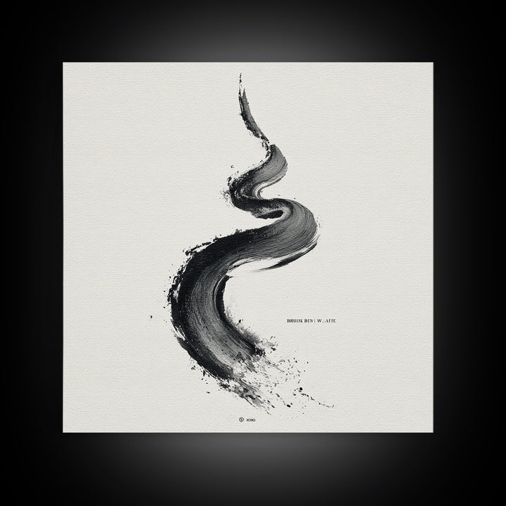 Minimal Black Ink Brushstroke Abstract Wall Art, Modern Zen Line Framed Canvas Print, Monochrome Contemporary Decor