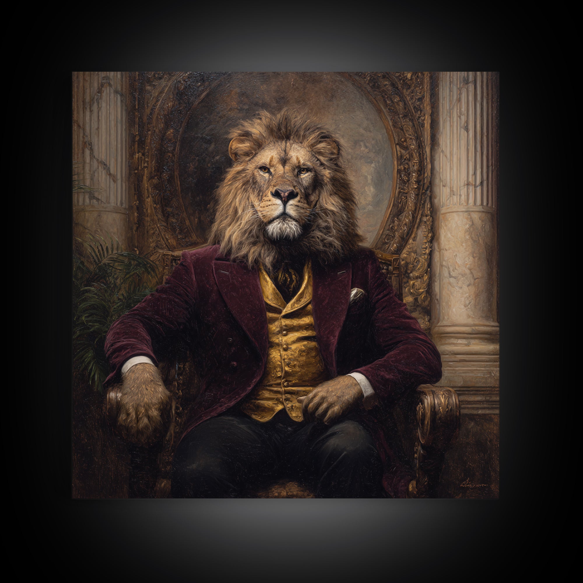 Majestic Lion In Burgundy Suit Framed Canvas Print, Victorian Animal Portrait, Dark Academia Office Decor, Luxury Wall Decor