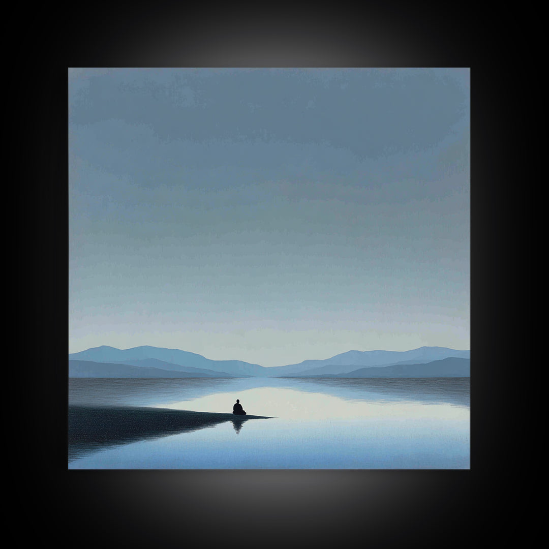 Minimalist Lake Meditation Landscape Wall Art, Calming Blue Mountains Canvas Print, Modern Living Room Decor Artwork