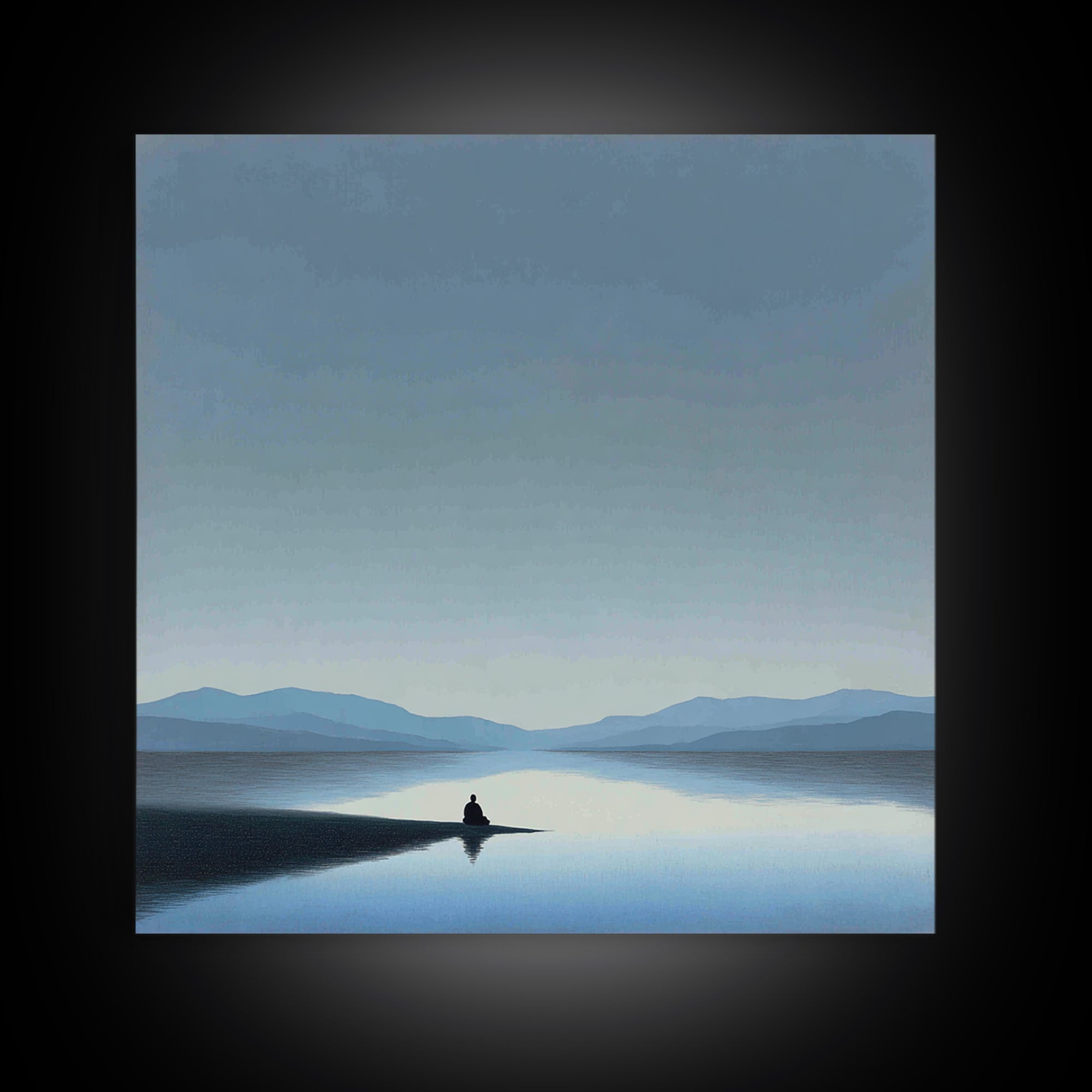 Minimalist Lake Meditation Landscape Wall Art, Calming Blue Mountains Canvas Print, Modern Living Room Decor Artwork