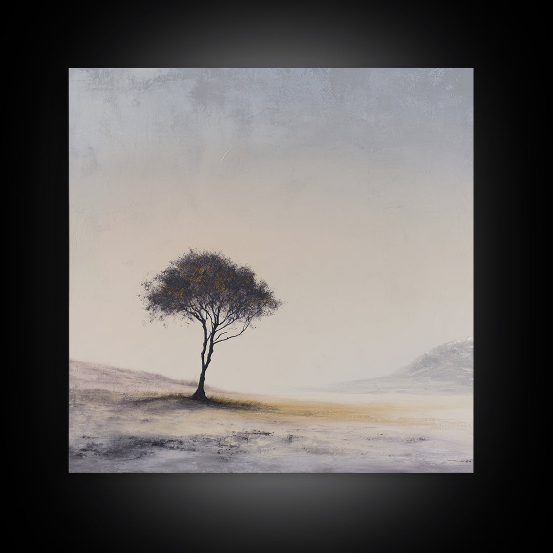 Soft Neutral Lone Tree Landscape Wall Art, Minimal Abstract Beige Canvas Print, Calming Wabi Sabi Earth Tone Decor