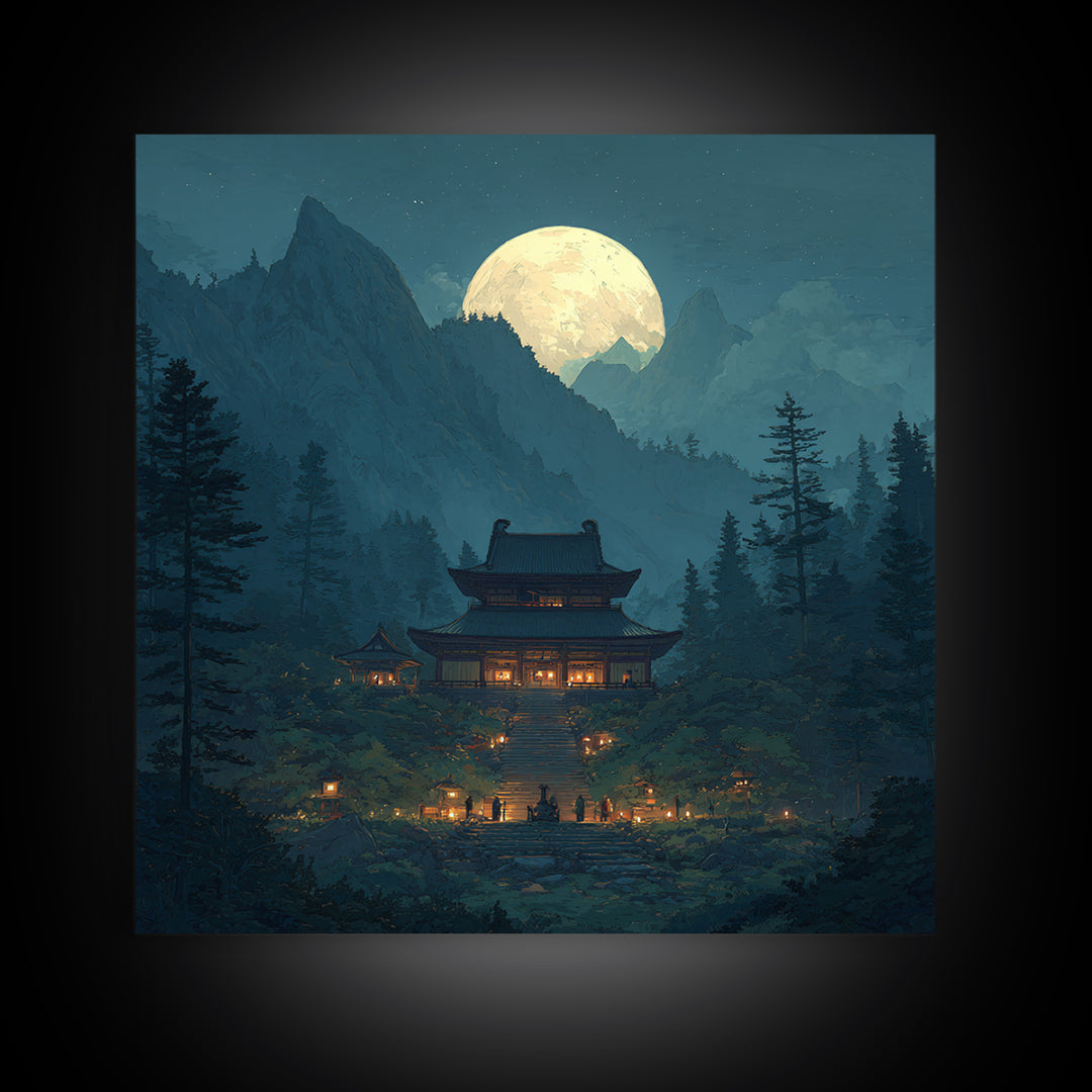 Moonlit Mountain Temple Landscape Wall Art Large Framed Canvas Print For Zen Meditation Room And Mystical Home Decor