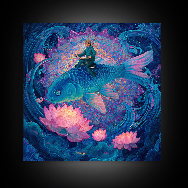 Surreal Fisherman Riding Koi Fantasy Art Wall Art, Celestial Mandala Canvas Print, Mystical Ocean Decor Whimsical Illustration