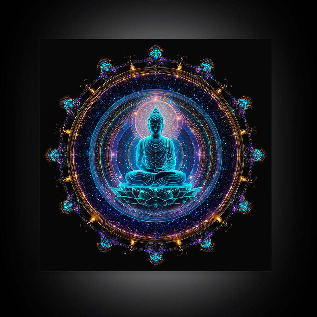 Mystical Neon Blue Buddha Mandala Spiritual Meditation Wall Art Canvas Print Yoga Room Decor