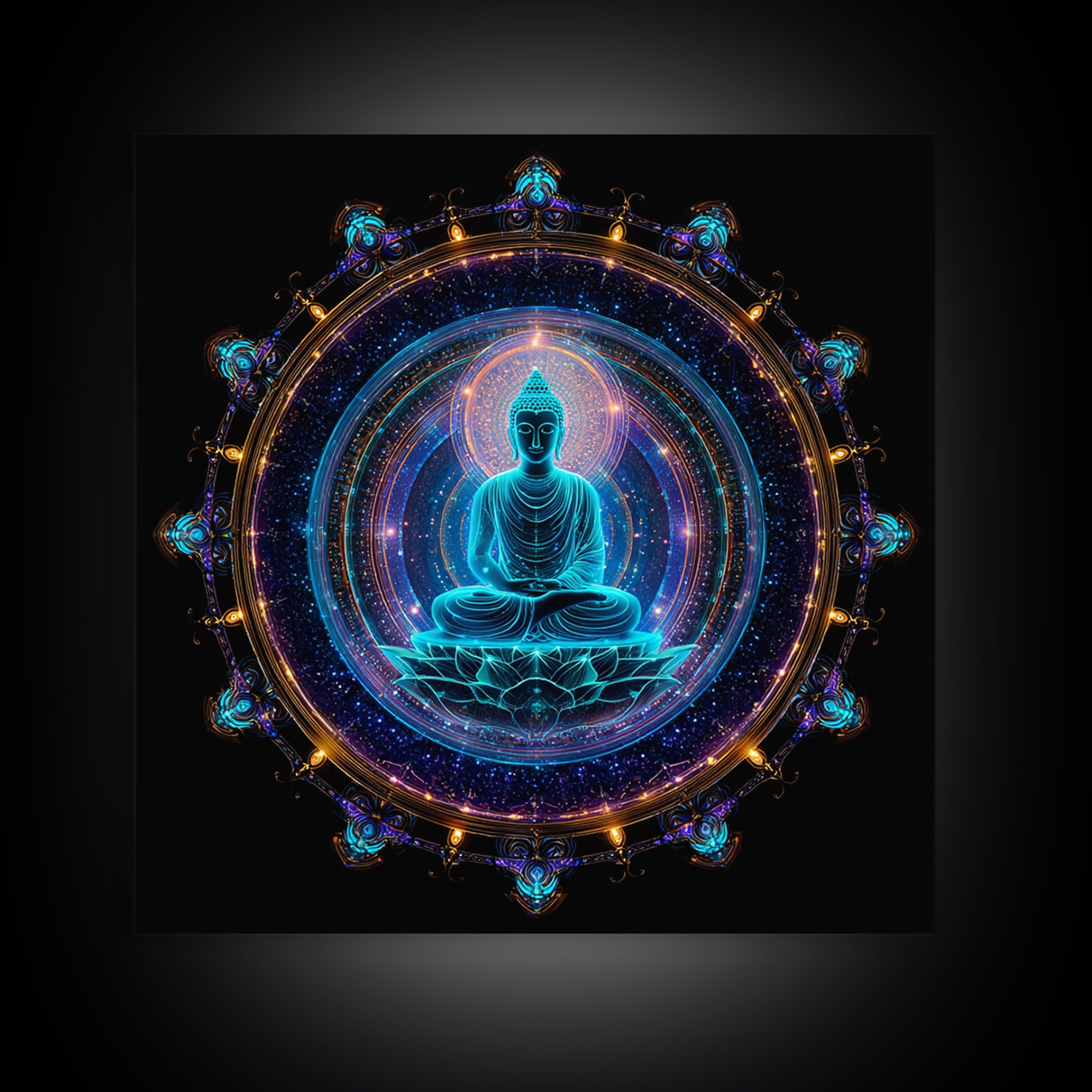 Mystical Neon Blue Buddha Mandala Spiritual Meditation Wall Art Canvas Print Yoga Room Decor