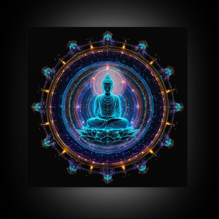 Mystical Neon Blue Buddha Mandala Spiritual Meditation Wall Art Canvas Print Yoga Room Decor