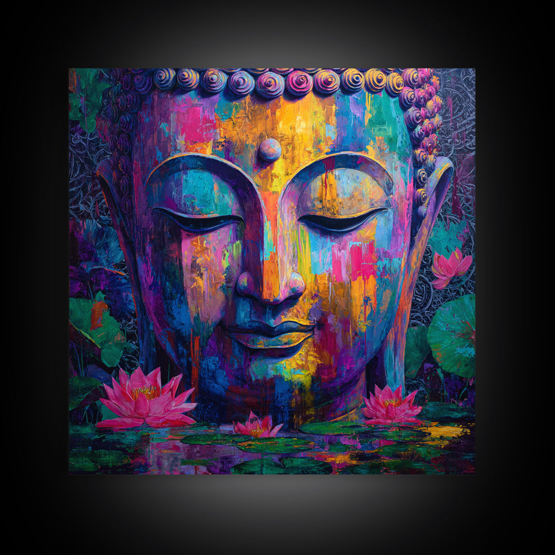 Colorful Buddha Lotus Wall Art, Spiritual Meditation Canvas Print, Boho Zen Decor, Psychedelic Abstract Painting