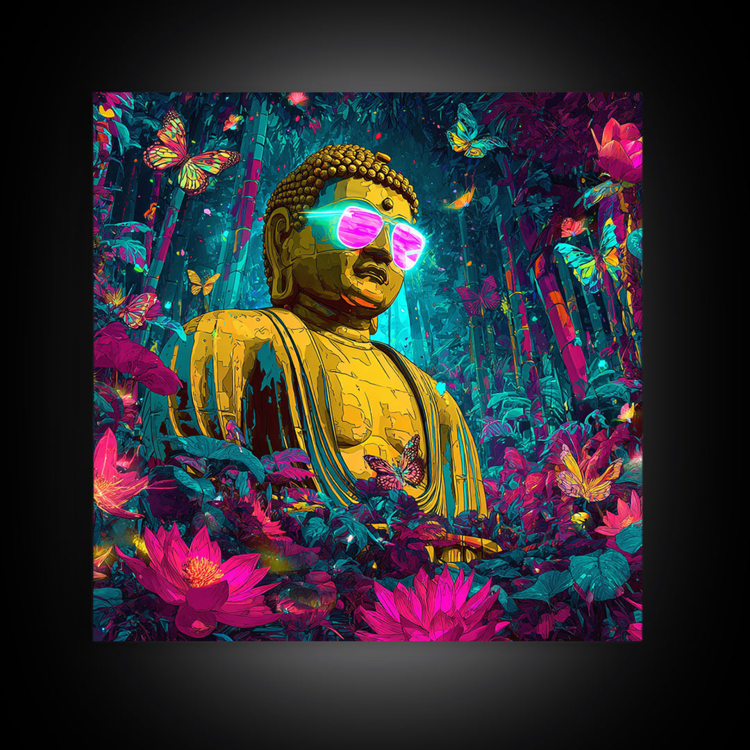 Neon Jungle Buddha With Butterflies Wall Art, Psychedelic Spiritual Canvas Print, Colorful Boho Home Decor
