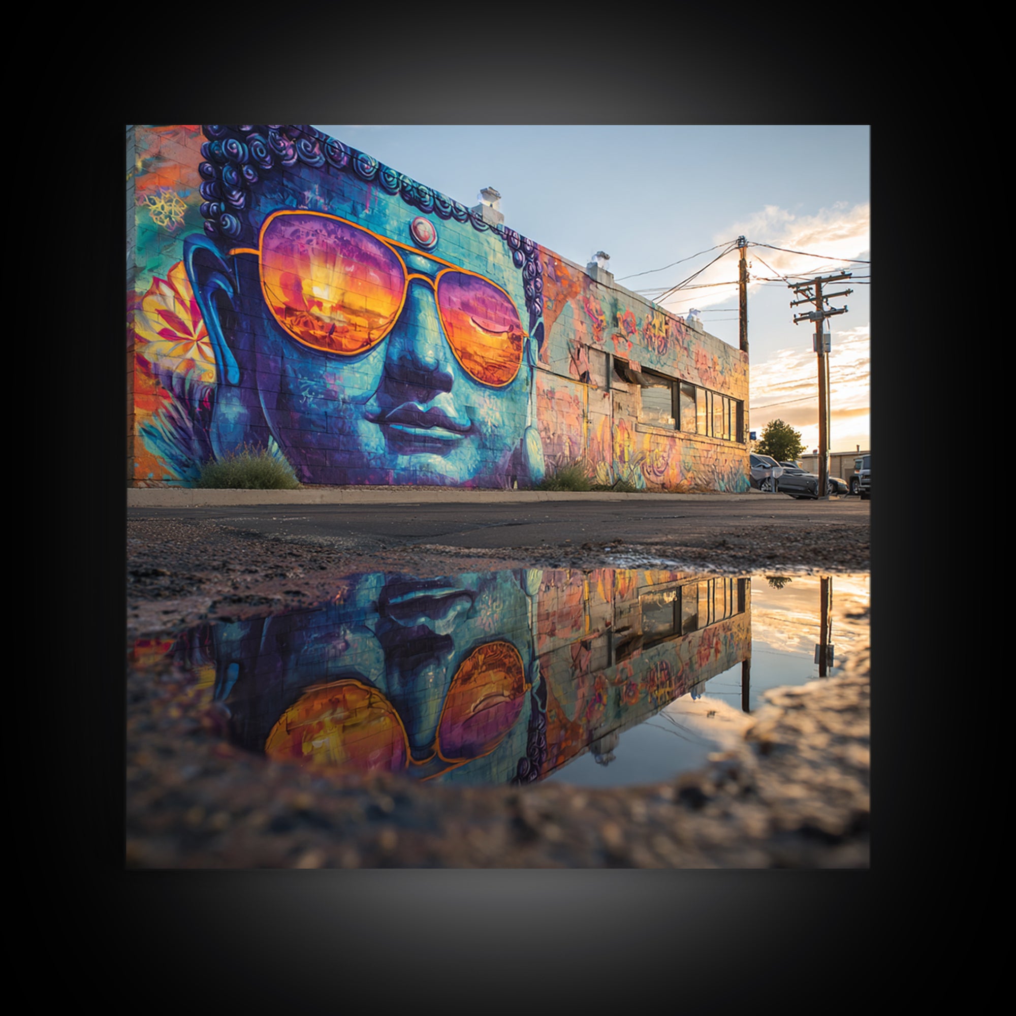 Colorful Buddha Street Art Reflection Wall Art, Urban Graffiti Photography Print, Modern Home Decor Living Room Wall Art