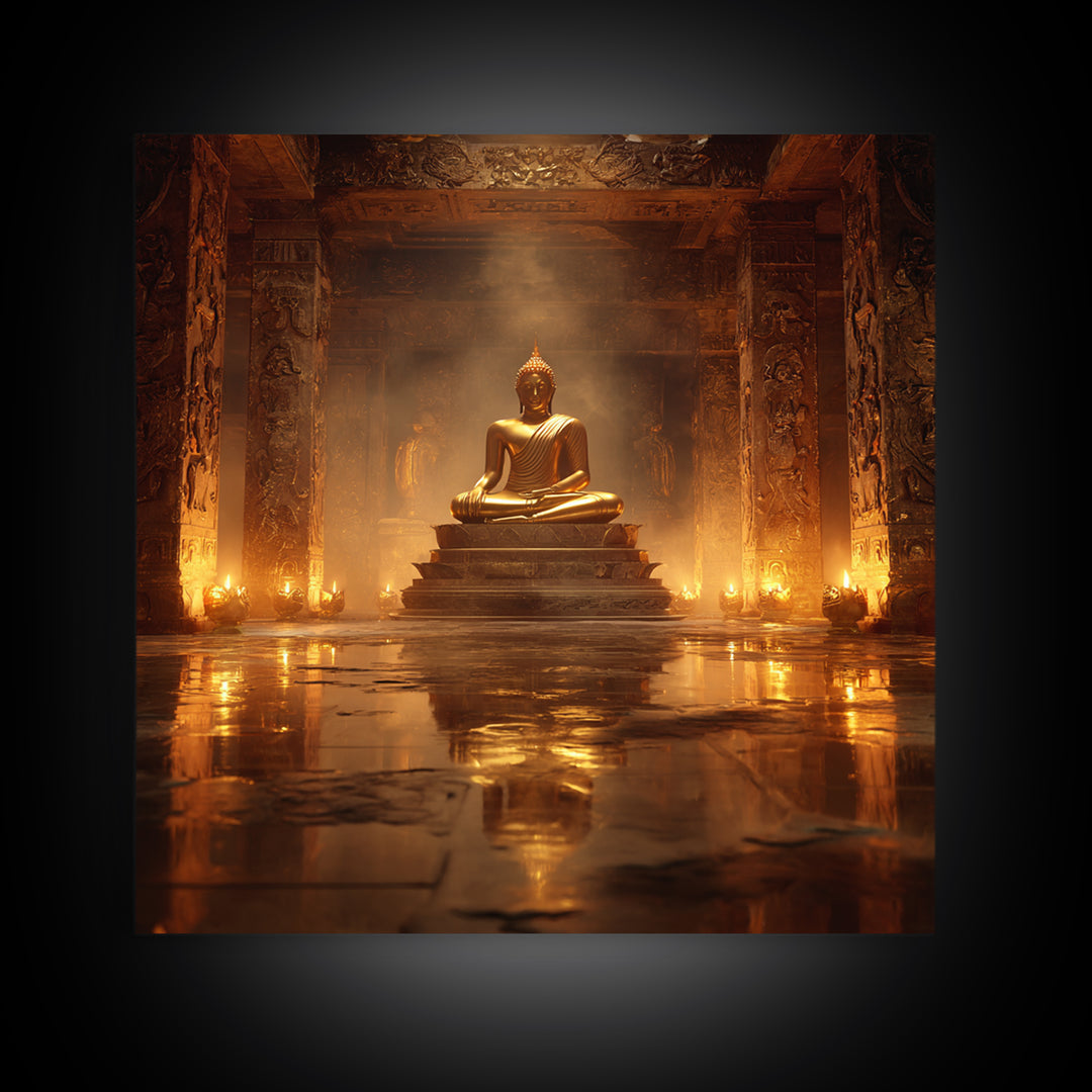 Golden Buddha Temple Wall Art, Serene Zen Statue Framed Canvas Print, Meditation Room Decor, Spiritual Asian Inspired Home Decor