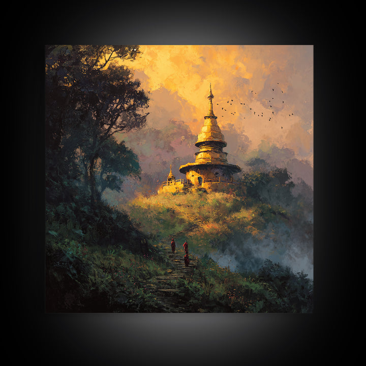 Golden Temple On Hill With Monks Walking Misty Path Wall Art Framed Canvas Print For Spiritual Home Decor