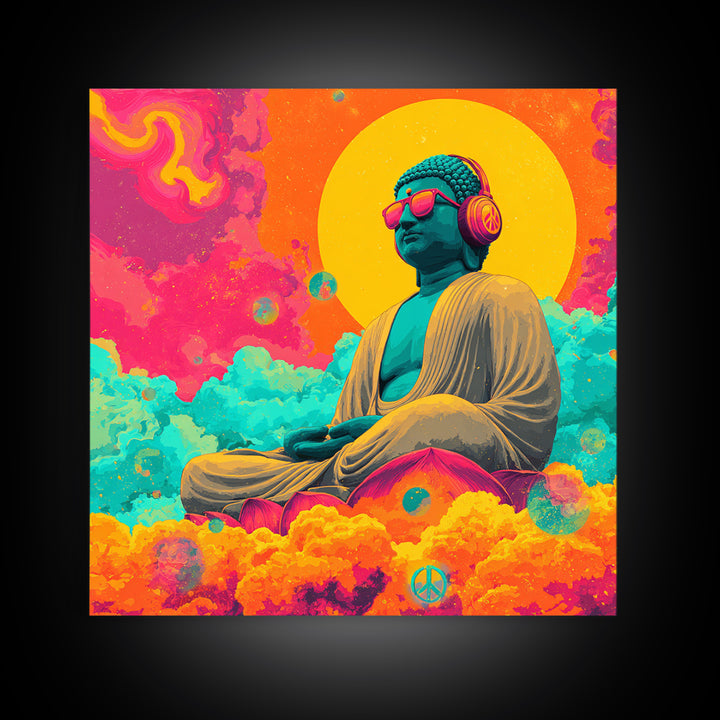 Psychedelic Buddha With Headphones Wall Art Canvas Print Colorful Spiritual Zen Decor Meditation Art