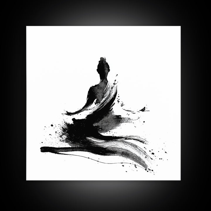 Minimal Ink Meditating Figure Wall Art, Black And White Zen Canvas Print, Modern Minimalist Decor For Yoga Room Or Home Office