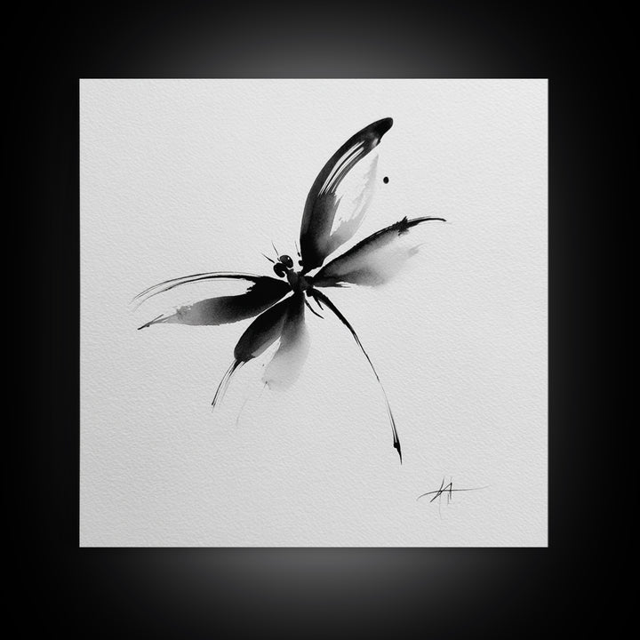 Black And White Ink Butterfly Minimalist Wall Art, Modern Abstract Brushstroke Print, Elegant Monochrome Framed Canvas