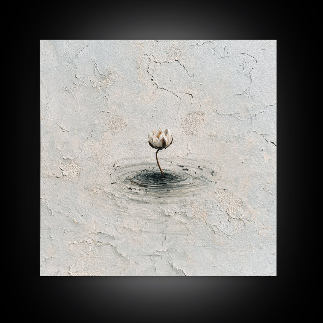 Minimal Lotus Flower In Water Wall Art, Neutral Textured Abstract Canvas Print, Calming Zen Home Decor