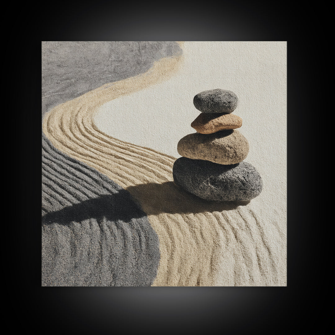 Zen Stones In Raked Sand Minimalist Wall Art, Neutral Abstract Canvas Print For Calming Modern Home Decor Living Room