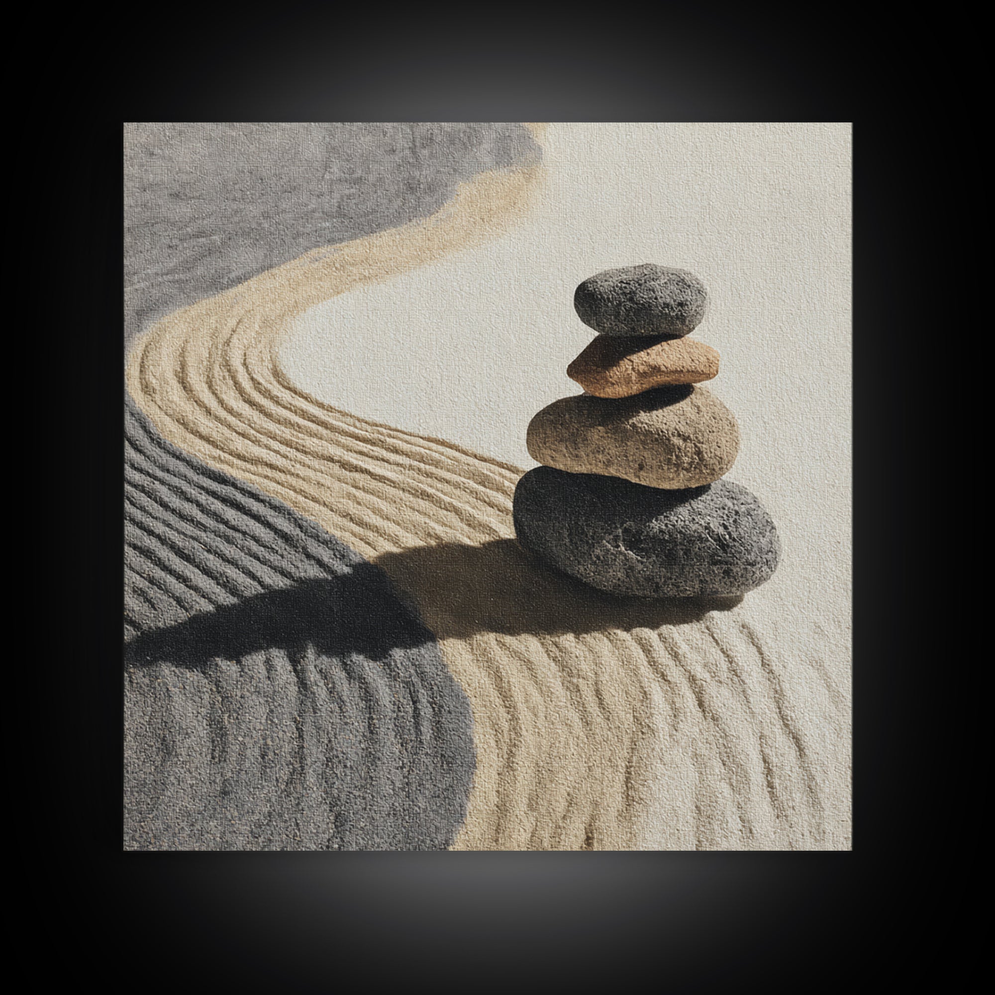 Zen Stones In Raked Sand Minimalist Wall Art, Neutral Abstract Canvas Print For Calming Modern Home Decor Living Room