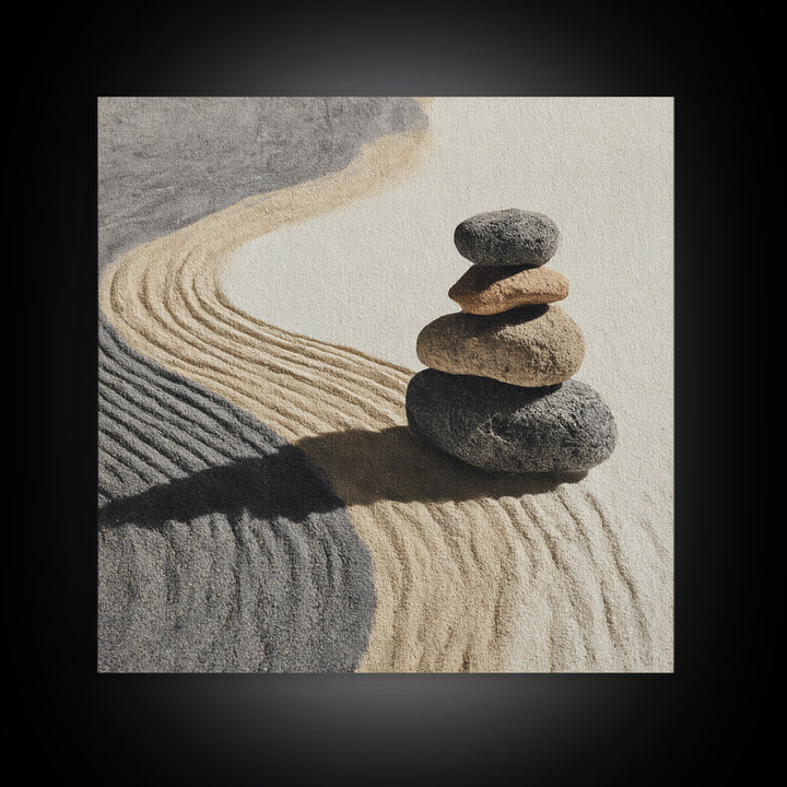 Zen Stones In Raked Sand Minimalist Wall Art, Neutral Abstract Canvas Print For Calming Modern Home Decor Living Room