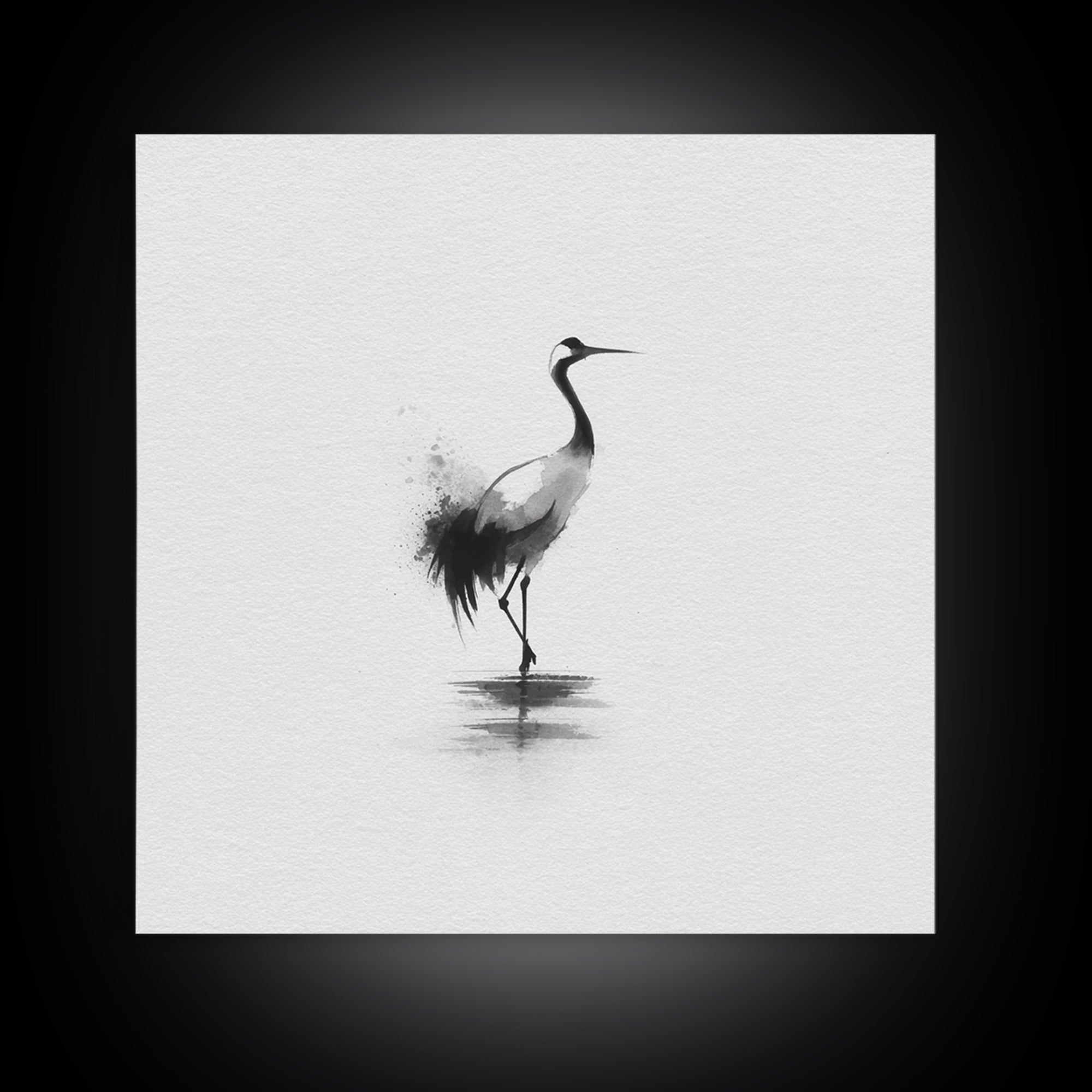 Minimal Japanese Crane Ink Wall Art, Black And White Bird Painting Canvas Print, Zen Nature Decor For Modern Home