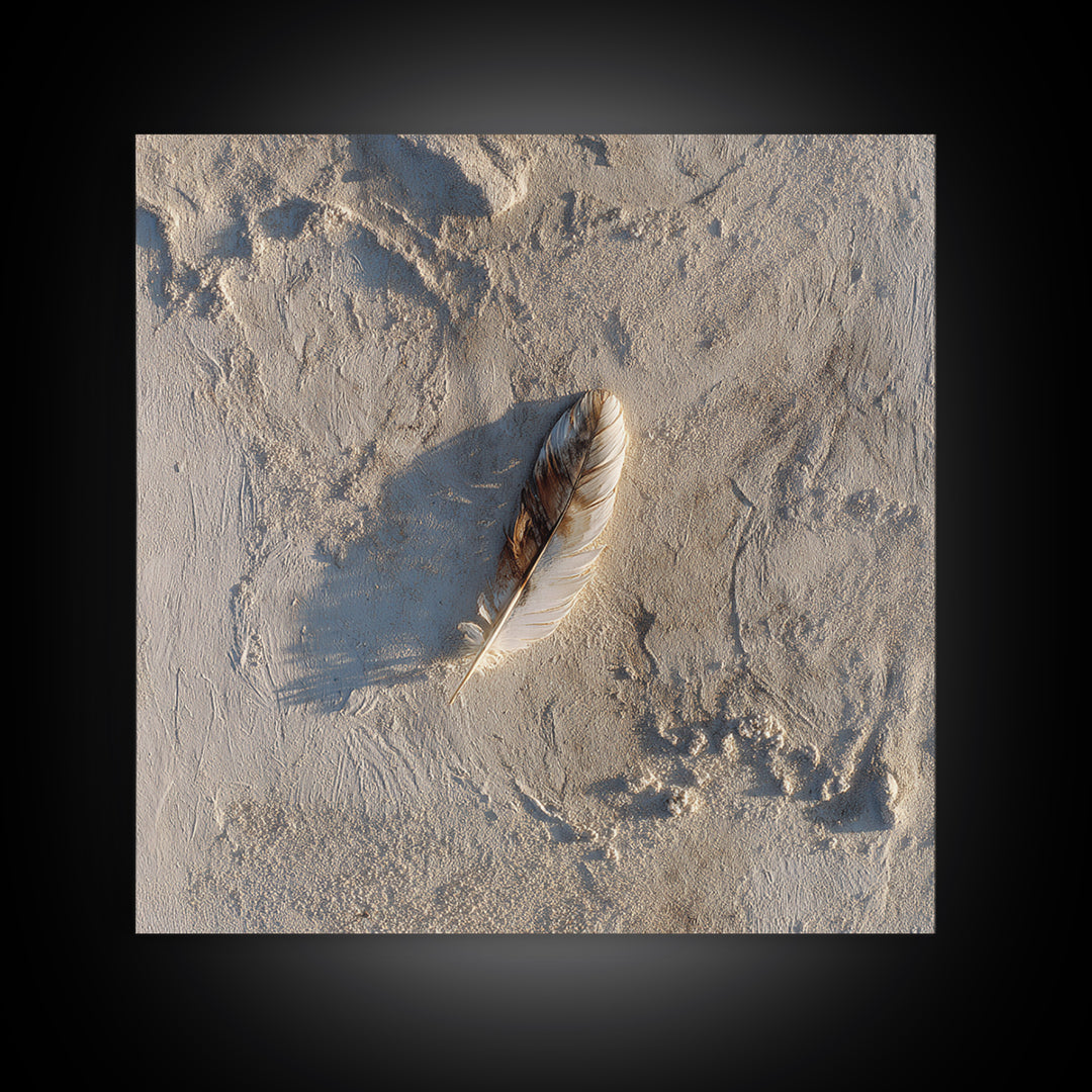 Minimal Feather In Sand Photography Wall Art, Neutral Beach Print, Coastal Wall Decor, Scandinavian Minimalist Home Decor