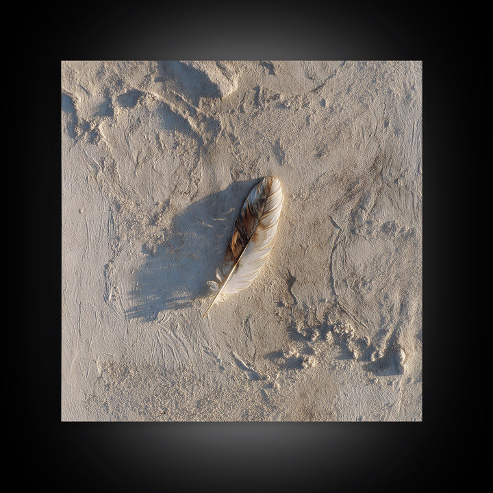 Minimal Feather In Sand Photography Wall Art, Neutral Beach Print, Coastal Wall Decor, Scandinavian Minimalist Home Decor