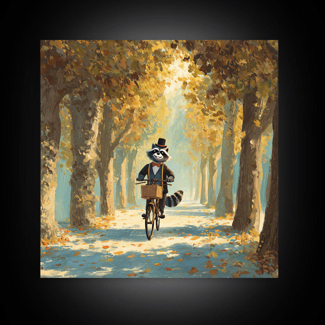 Whimsical Raccoon Riding Bicycle Wall Art, Cozy Autumn Woodland Animal Painting, Storybook Nursery Decor, Cute Kids Room Art