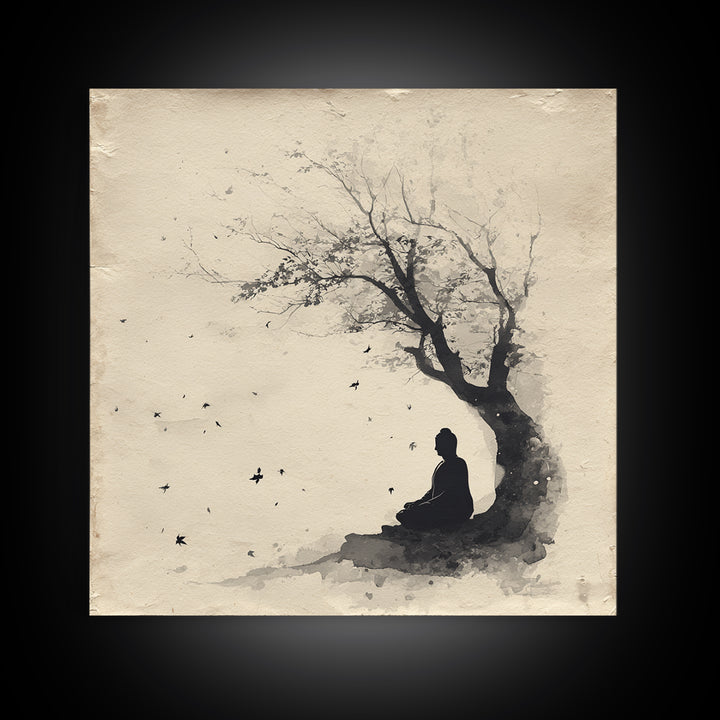 Calm Minimalist Ink Style Buddha Silhouette Under Tree Tranquil Wall Art Canvas Print Meditation Room Décor