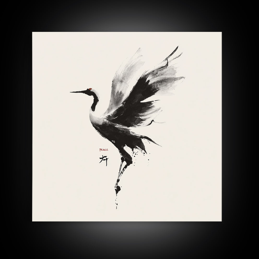 Japanese Ink Crane Bird Wall Art, Minimal Black And White Animal Canvas Print, Zen Japandi Home Decor