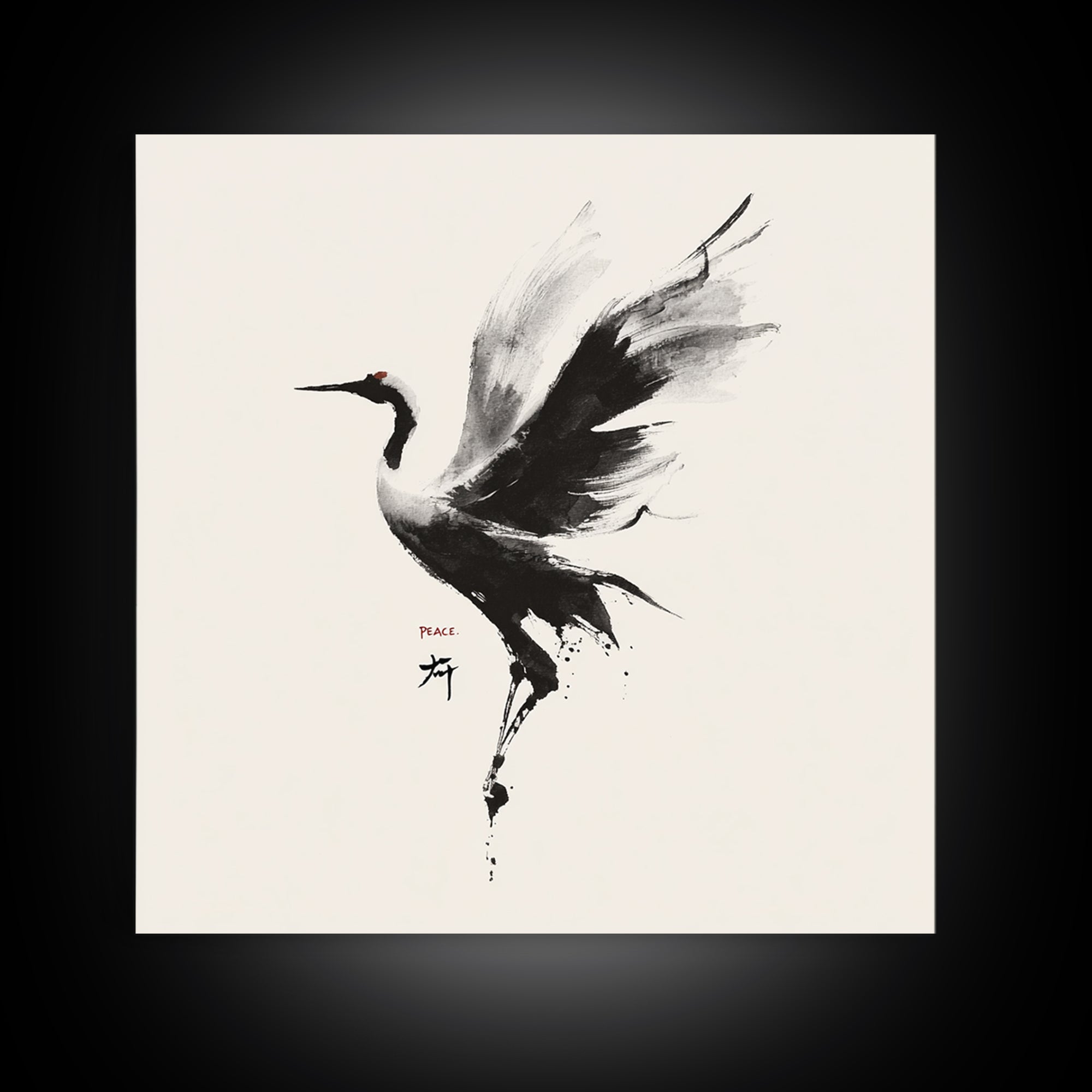 Japanese Ink Crane Bird Wall Art, Minimal Black And White Animal Canvas Print, Zen Japandi Home Decor