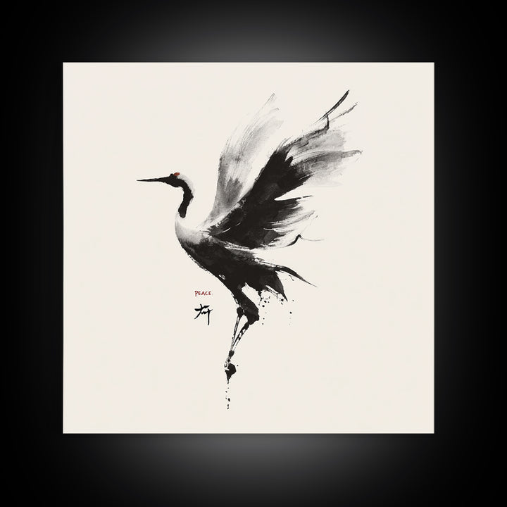 Japanese Ink Crane Bird Wall Art, Minimal Black And White Animal Canvas Print, Zen Japandi Home Decor