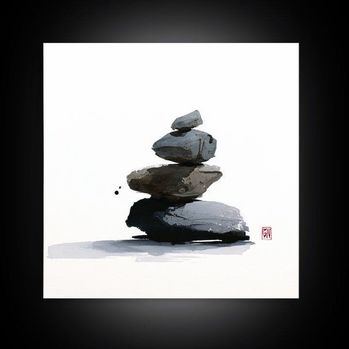 Minimal Zen Rock Stack Wall Art, Japanese Ink Stone Balance Canvas Print, Calm Japandi Home Decor