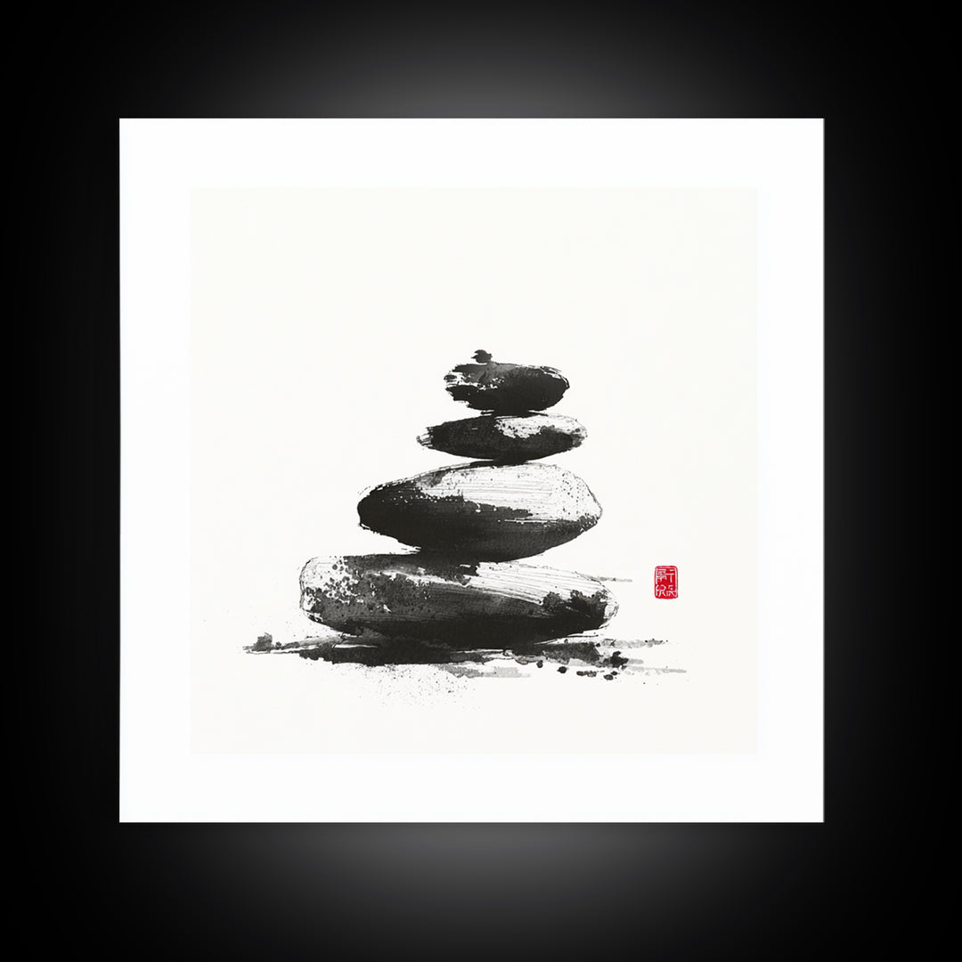 Zen Stone Stack Wall Art, Minimal Japanese Ink Rock Painting Canvas Print, Calming Spa Bathroom And Yoga Decor