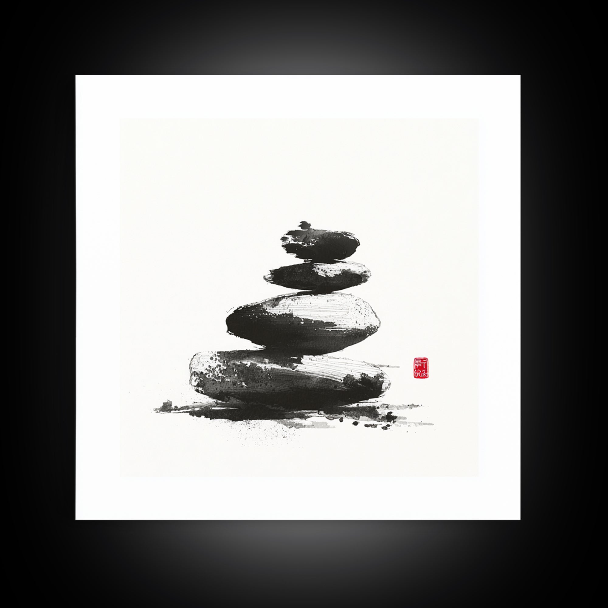 Zen Stone Stack Wall Art, Minimal Japanese Ink Rock Painting Canvas Print, Calming Spa Bathroom And Yoga Decor