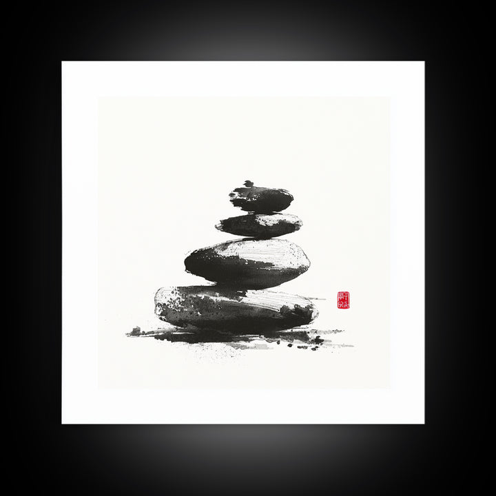 Zen Stone Stack Wall Art, Minimal Japanese Ink Rock Painting Canvas Print, Calming Spa Bathroom And Yoga Decor