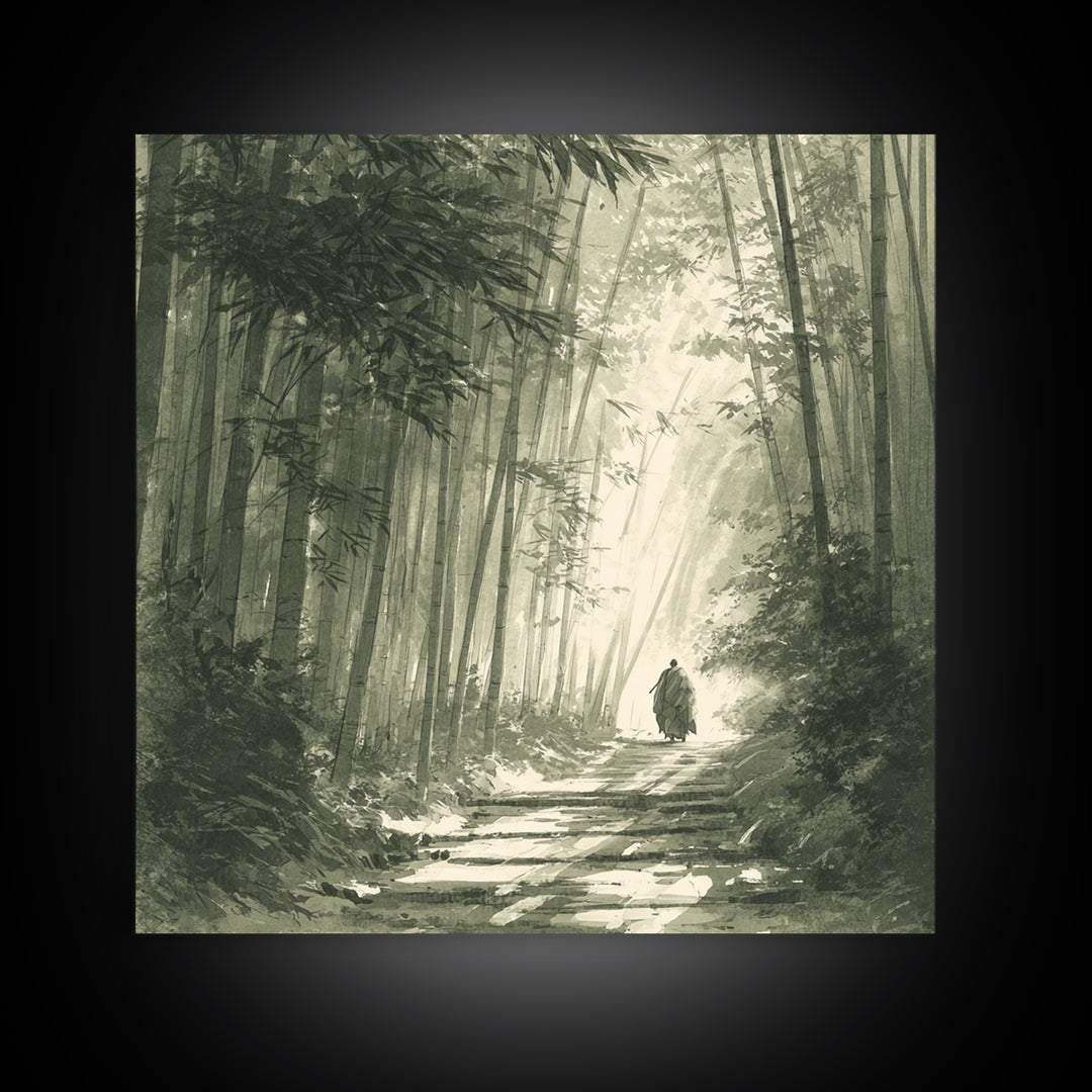 Monk Walking In Bamboo Forest Wall Art, Serene Japanese Landscape Print, Zen Home Decor, Calming Nature Wall Art Print