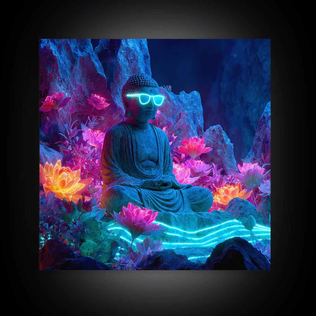 Neon Buddha Lotus Garden Canvas Print, Glowing Meditation Wall Art, Psychedelic Spiritual Decor For Yoga Room Or Boho Home