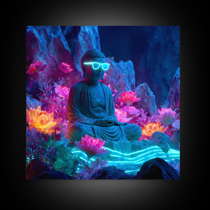 Neon Buddha Lotus Garden Canvas Print, Glowing Meditation Wall Art, Psychedelic Spiritual Decor For Yoga Room Or Boho Home